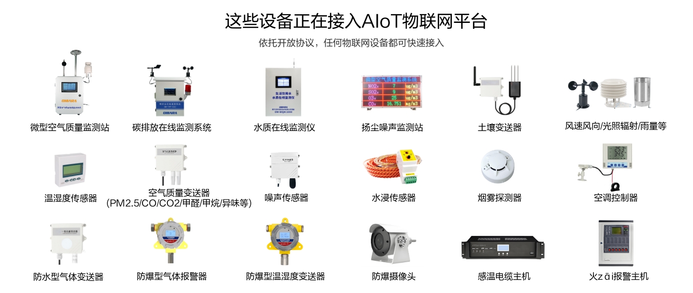 微型空氣站、水質(zhì)監(jiān)測儀、揚(yáng)塵噪聲監(jiān)測站、溫濕度傳感器、水浸傳感器、氣體變送器等環(huán)境設(shè)備正在接入物聯(lián)網(wǎng)平臺