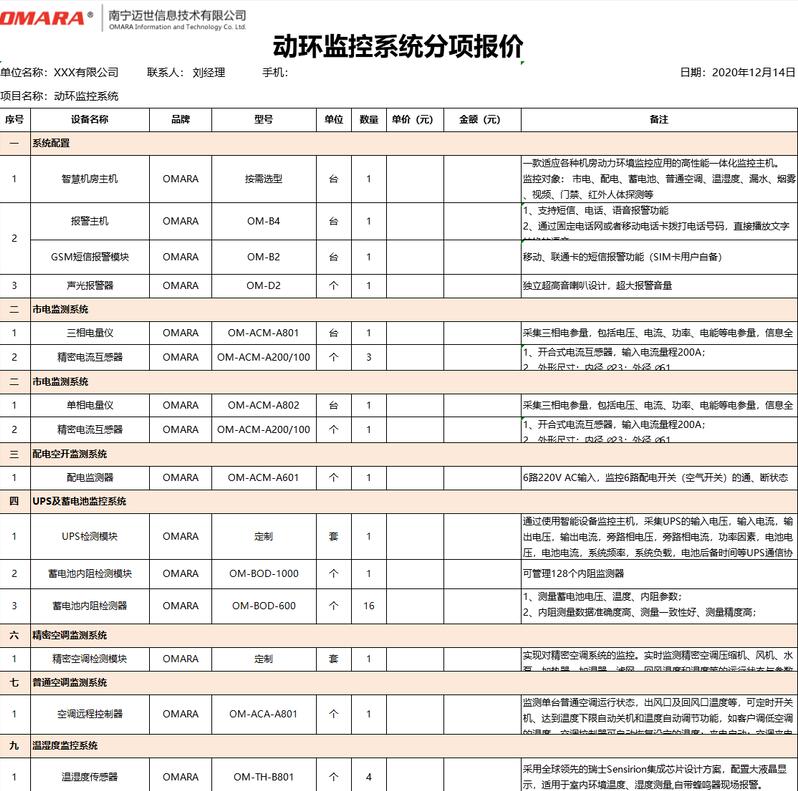 小型機房監控設備清單(含軟硬件)