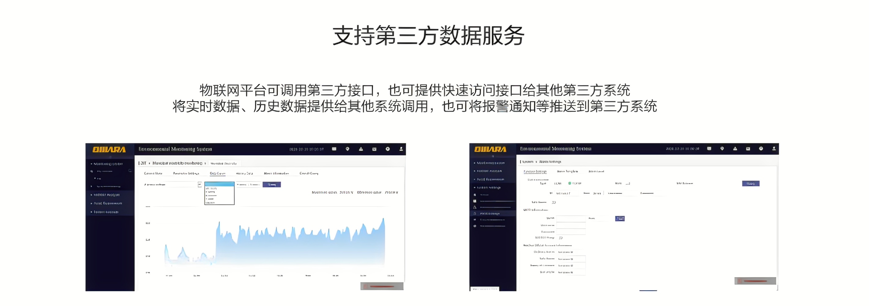 物聯(lián)網(wǎng)平臺可調(diào)用第三方接口，也可提供快速訪問接口給其他第三方系統(tǒng)，將實(shí)時數(shù)據(jù)、歷史數(shù)據(jù)提供給其他系統(tǒng)調(diào)用，也可將報警通知等推送到第三方系統(tǒng)